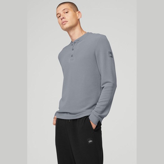 Camiseta Alo Yoga Micro Waffle Fast Break Henley Long Sleeve Hombre Azules | KFOR12430