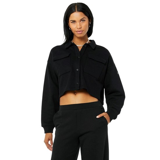 Pullover Alo Yoga Renown Cropped Button-Up Mujer Negros | OGZX84279