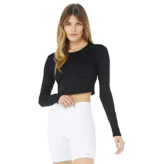 Ropa Alo Yoga Alosoft Crop Finesse Long Sleeve Mujer Negros | KRWO01452
