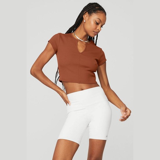 Ropa Alo Yoga Ribbed Cropped Savvy Corta Sleeve Mujer Marrom | PZKB37549