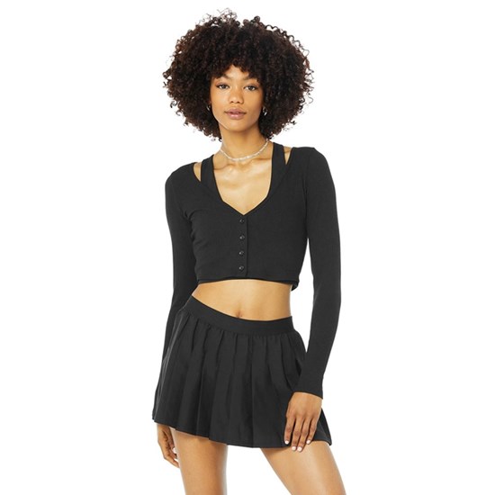 Ropa Alo Yoga Ribbed Cropped Whisper Cardigan Mujer Negros | BHXQ69324