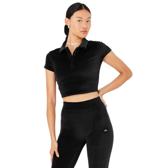 Ropa Alo Yoga Velour Choice Polo Corta Sleeve Mujer Negros | HCQX01256