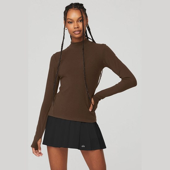 Ropa Alo Yoga Wellness Rib Mock Neck Long Sleeve Mujer Marrom | SFGD12486
