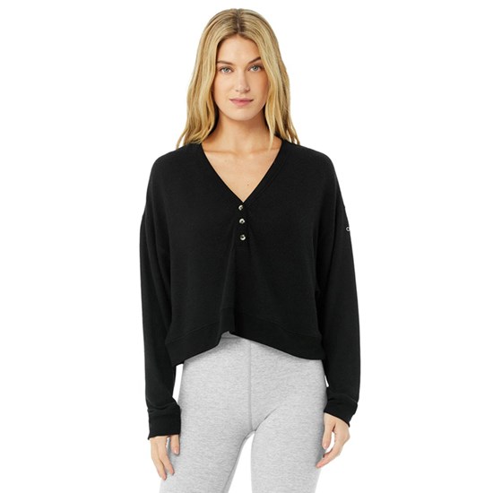 Sweatshirt Alo Yoga Alolux Soho Crop Henley Mujer Negros | MFBZ58296