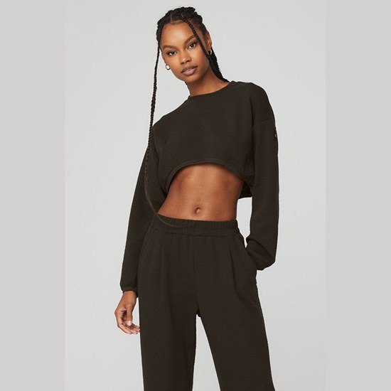 Sweatshirt Alo Yoga Cropped Tailored Crew Neck Mujer Marrom | SGQF81670