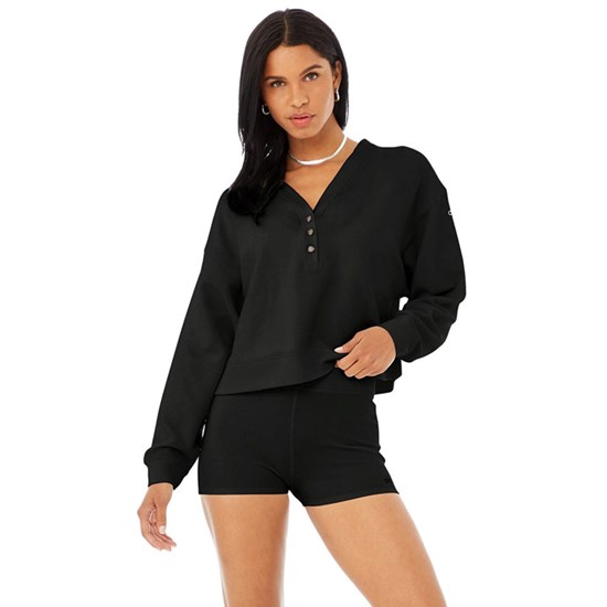 Sweatshirt Alo Yoga Micro Waffle Pleasant Cropped Henley Mujer Negros | ETJI21794