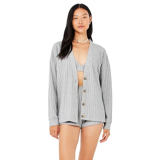 Sweatshirt Alo Yoga Ribbed Take Comodidad Cardigan Mujer Grises | GBCH95768
