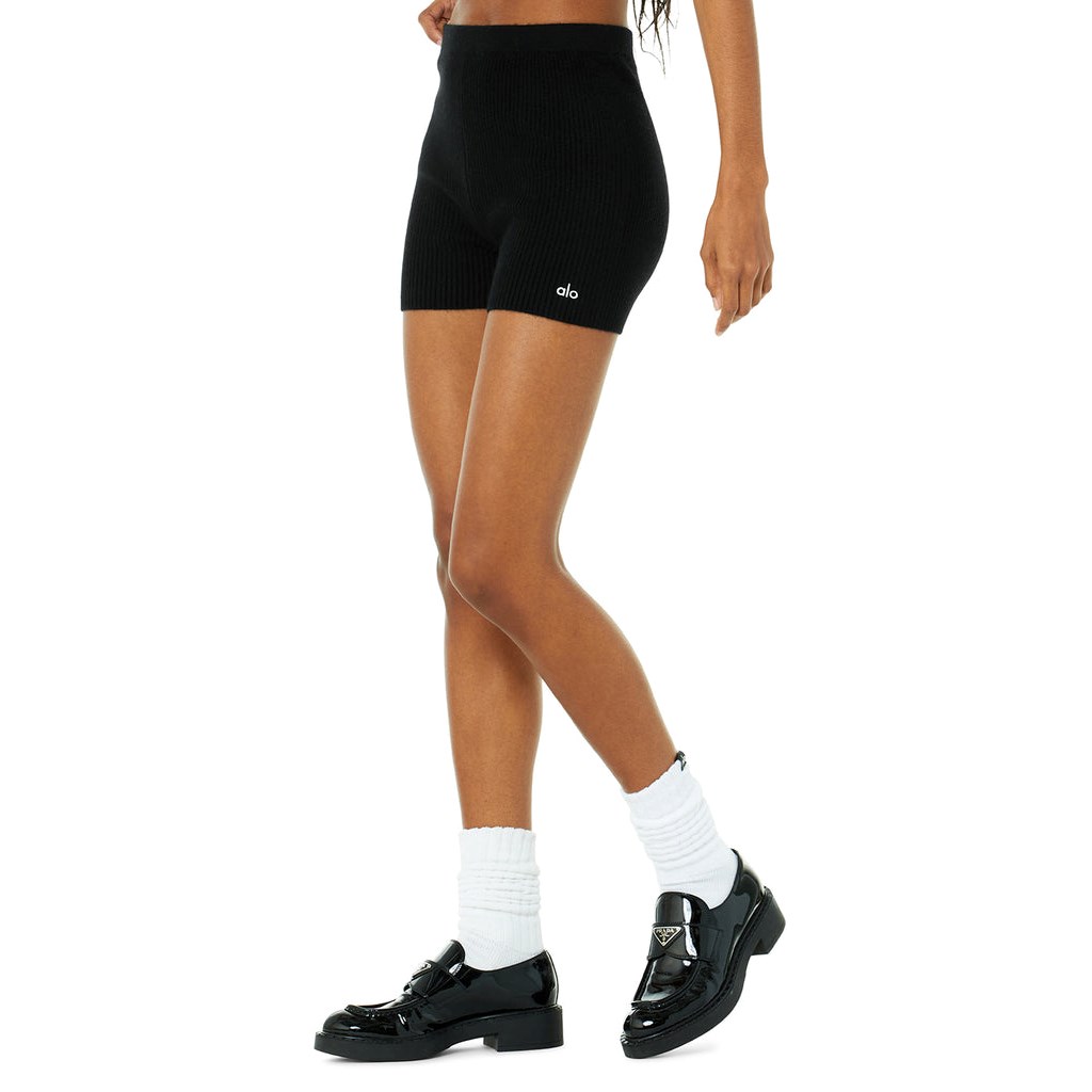 Bermudas Alo Yoga Cashmere Ribbed Staycation Corta Mujer Negros | RYKA13740