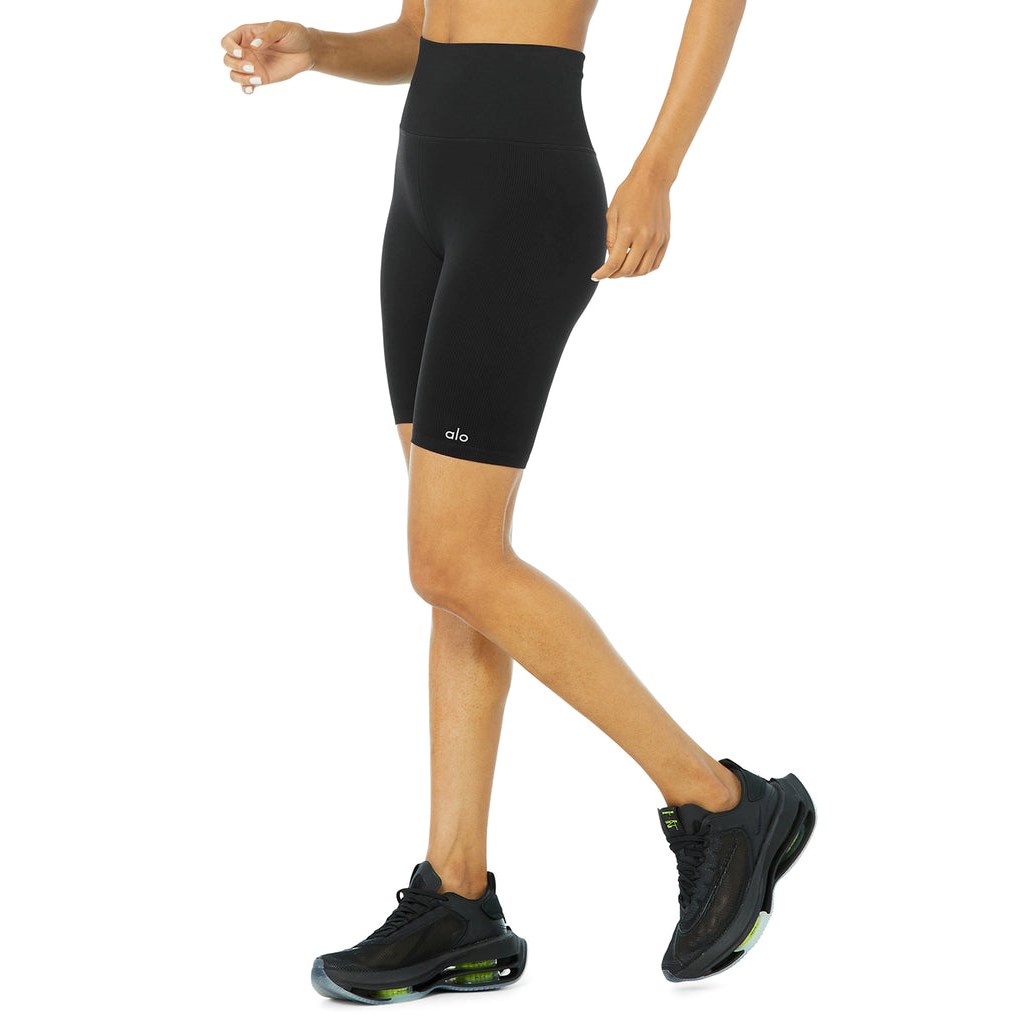 Bermudas Alo Yoga Seamless High-Cintura Ribbed Ciclismo Corta Mujer Negros | FMKT51293