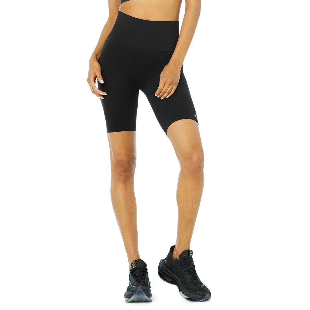 Bermudas Alo Yoga Seamless High-Cintura Ribbed Ciclismo Corta Mujer Negros | FMKT51293