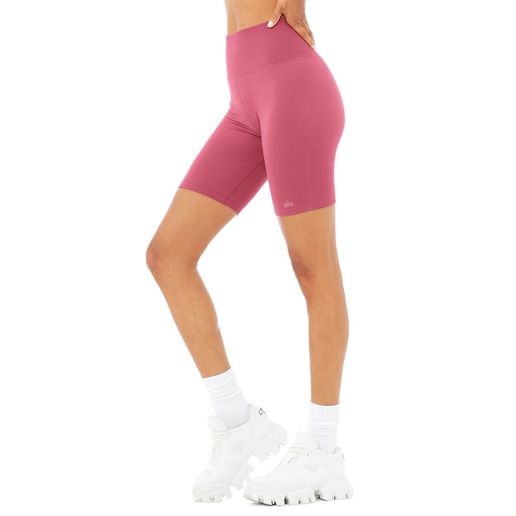 Bermudas Alo Yoga Seamless High-Cintura Ribbed Ciclismo Corta Mujer Rosas | KBXI42371
