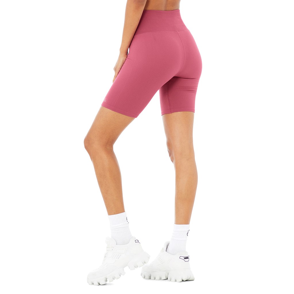 Bermudas Alo Yoga Seamless High-Cintura Ribbed Ciclismo Corta Mujer Rosas | KBXI42371