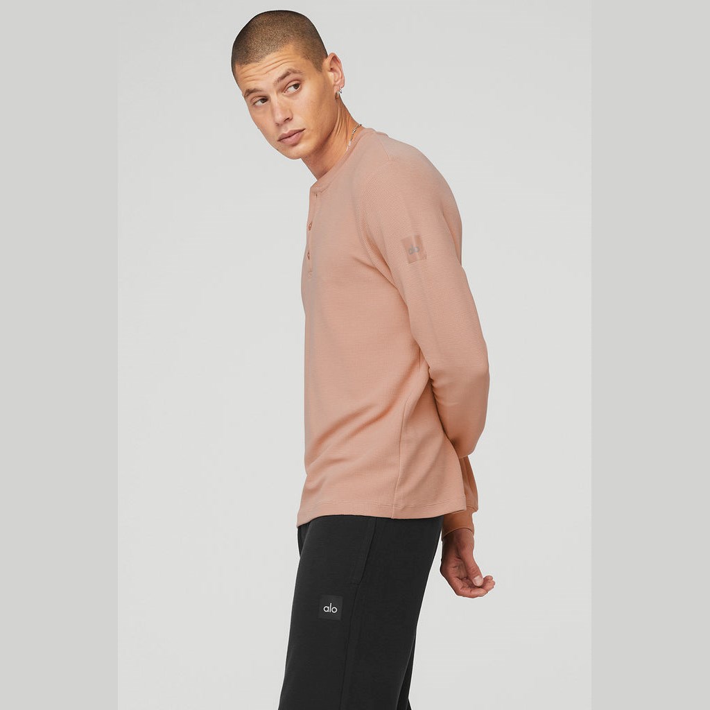 Camiseta Alo Yoga Micro Waffle Fast Break Henley Long Sleeve Hombre Rosas | DHJS05614
