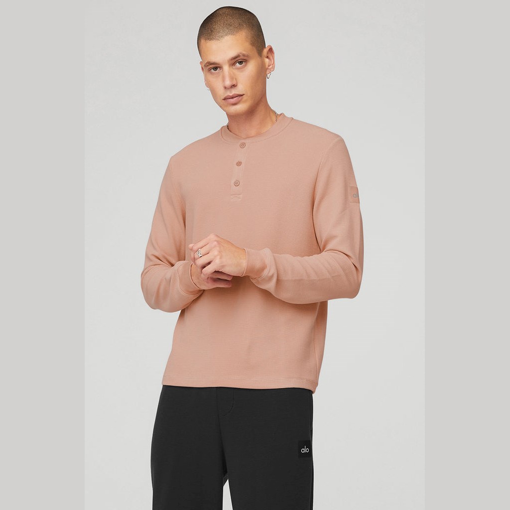 Camiseta Alo Yoga Micro Waffle Fast Break Henley Long Sleeve Hombre Rosas | DHJS05614