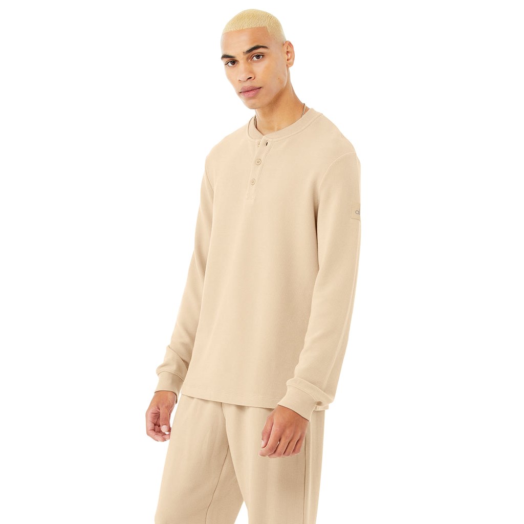 Camiseta Alo Yoga Micro Waffle Fast Break Henley Long Sleeve Hombre Beige | KWMX87021