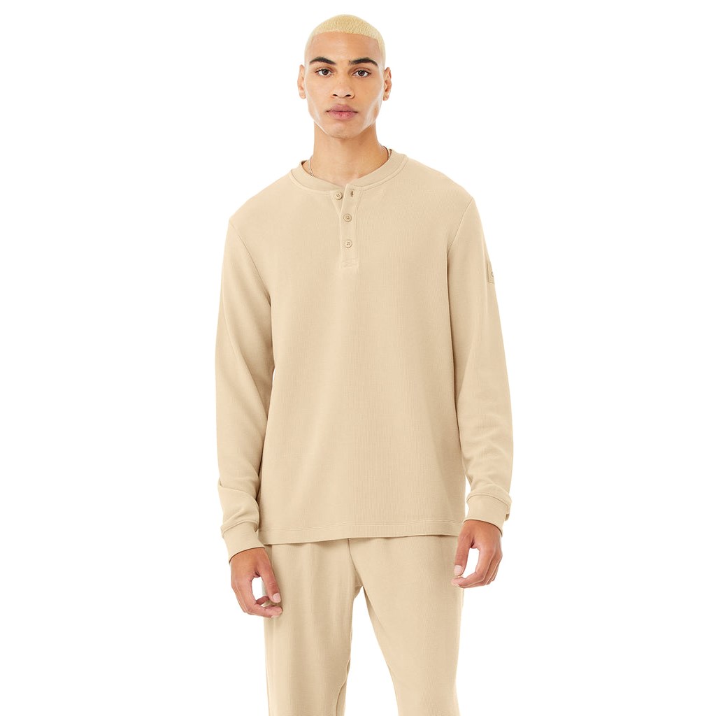 Camiseta Alo Yoga Micro Waffle Fast Break Henley Long Sleeve Hombre Beige | KWMX87021