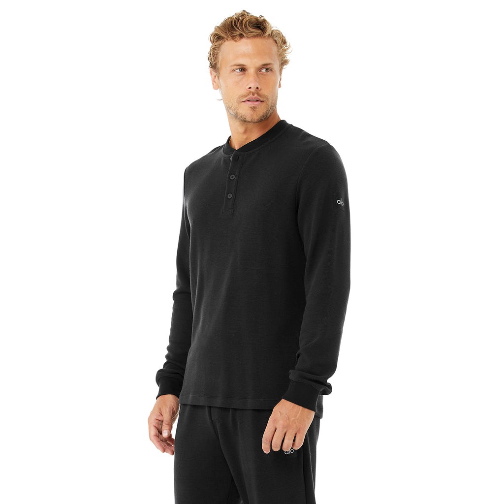 Camiseta Alo Yoga Micro Waffle Fast Break Henley Long Sleeve Hombre Negros | NFSK21458
