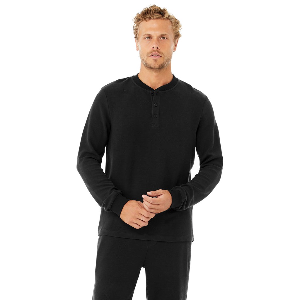 Camiseta Alo Yoga Micro Waffle Fast Break Henley Long Sleeve Hombre Negros | NFSK21458