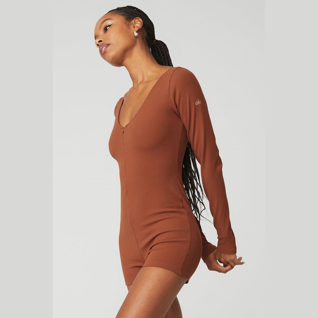 Onesie Alo Yoga Keep It Sleek Ribbed Onesie Mujer Marrom | USGE81795