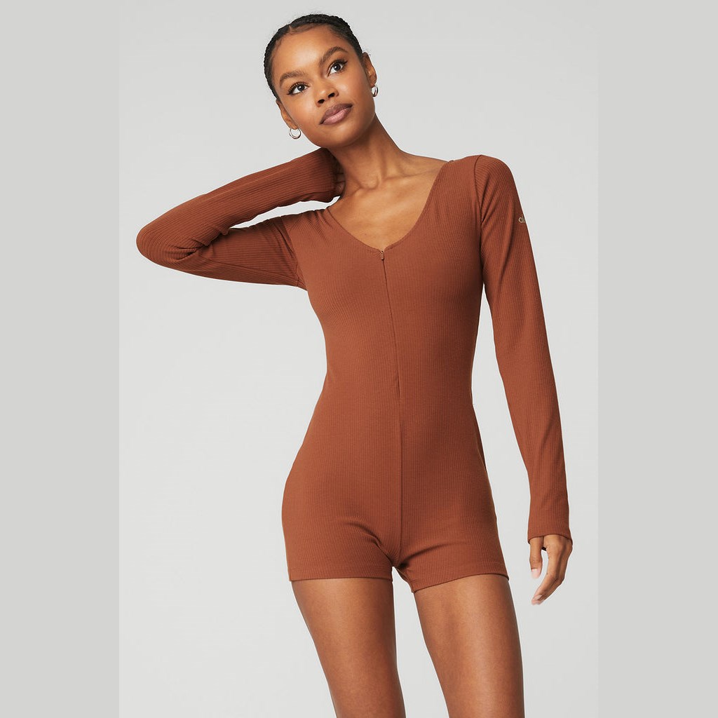 Onesie Alo Yoga Keep It Sleek Ribbed Onesie Mujer Marrom | USGE81795