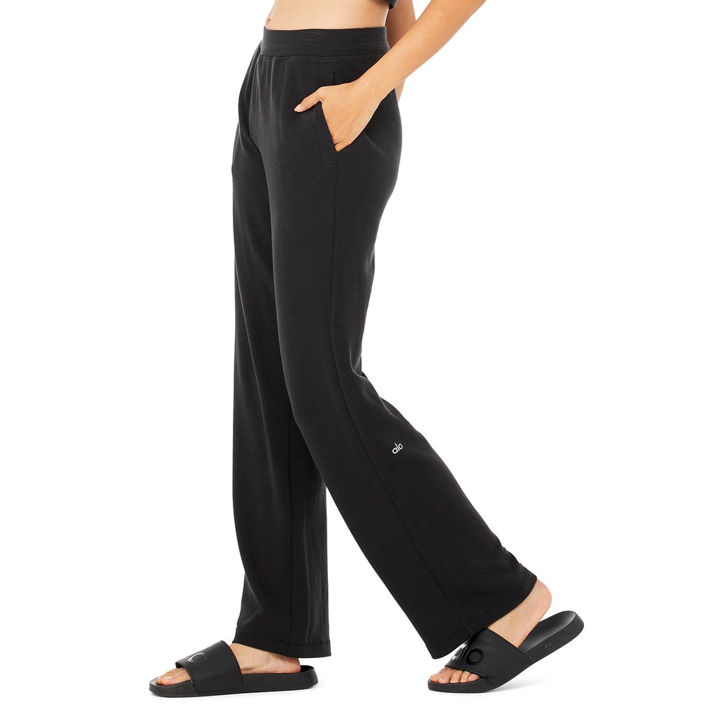 Pantalones Alo Yoga Micro Waffle High-Cintura Pleasant Anchos Leg Mujer Negros | FUNE97681