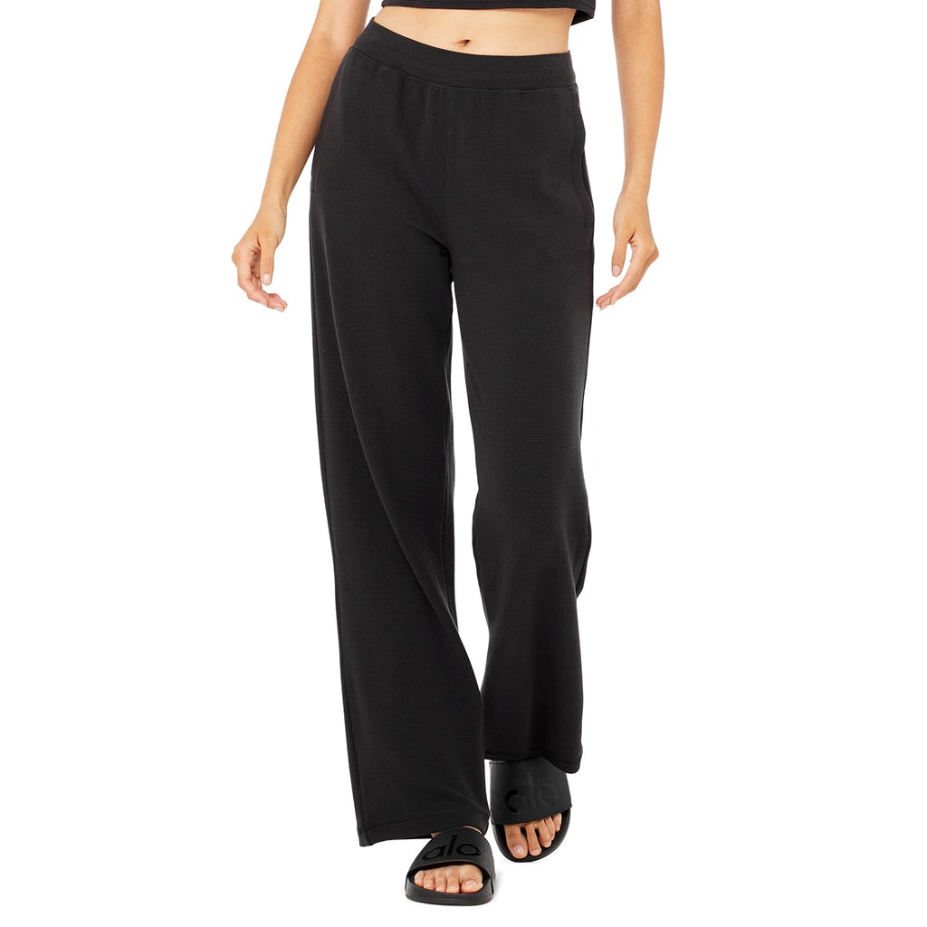 Pantalones Alo Yoga Micro Waffle High-Cintura Pleasant Anchos Leg Mujer Negros | FUNE97681