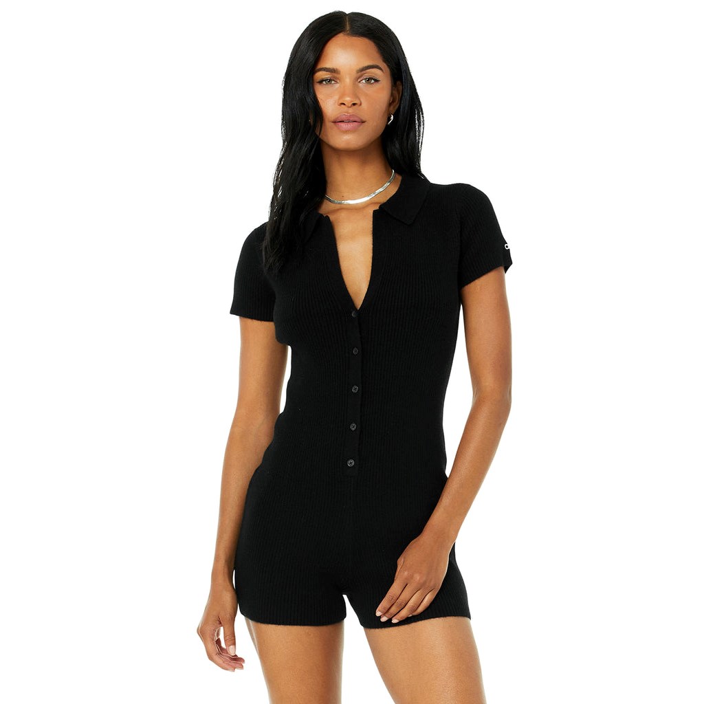 Playsuit Alo Yoga Cashmere Ribbed Staycation Playsuit Mujer Negros | GYZM90782
