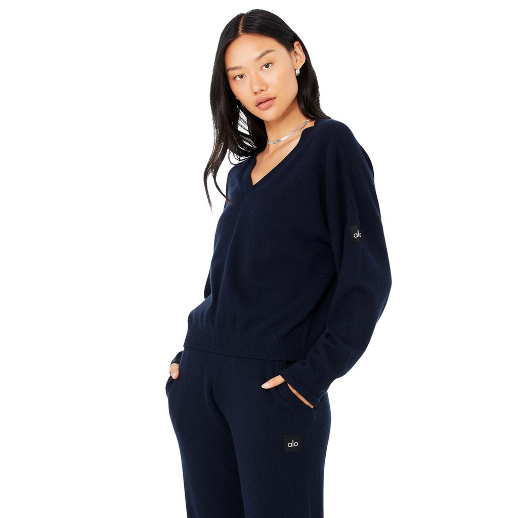 Pullover Alo Yoga Cashmere Jet Set V-Neck Mujer Azules | BNSE67025