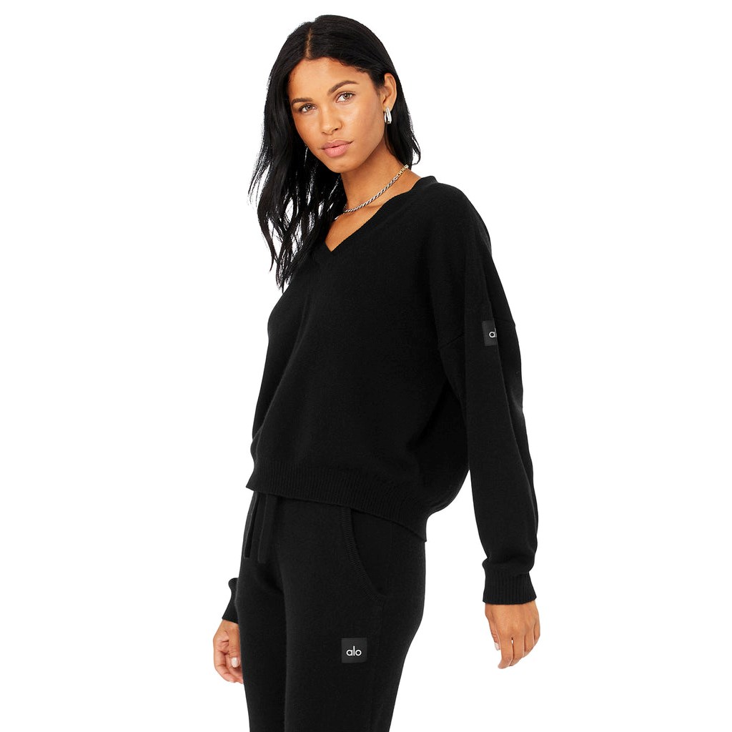 Pullover Alo Yoga Cashmere Jet Set V-Neck Mujer Negros | HOKA27315