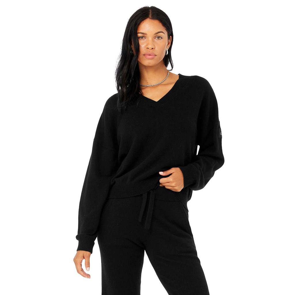 Pullover Alo Yoga Cashmere Jet Set V-Neck Mujer Negros | HOKA27315