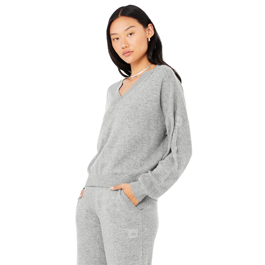 Pullover Alo Yoga Cashmere Jet Set V-Neck Mujer Grises | POLR31245
