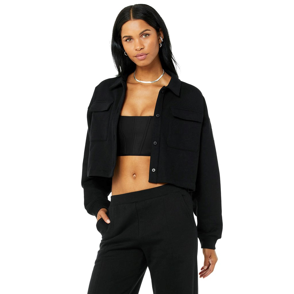 Pullover Alo Yoga Renown Cropped Button-Up Mujer Negros | OGZX84279