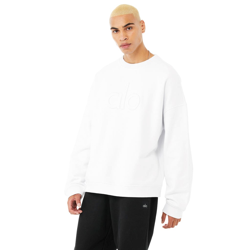 Pullover Alo Yoga Renown Heavy Weight Emblem Crew Neck Long Sleeve Hombre Blancos | EMZB89316