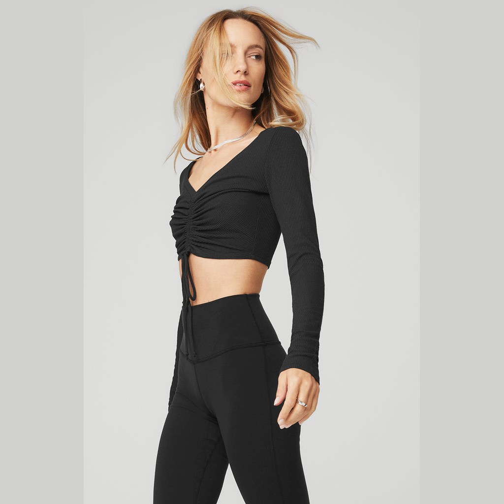 Ropa Alo Yoga Ribbed Cinch Cropped Long Sleeve Mujer Negros | BSIF38456