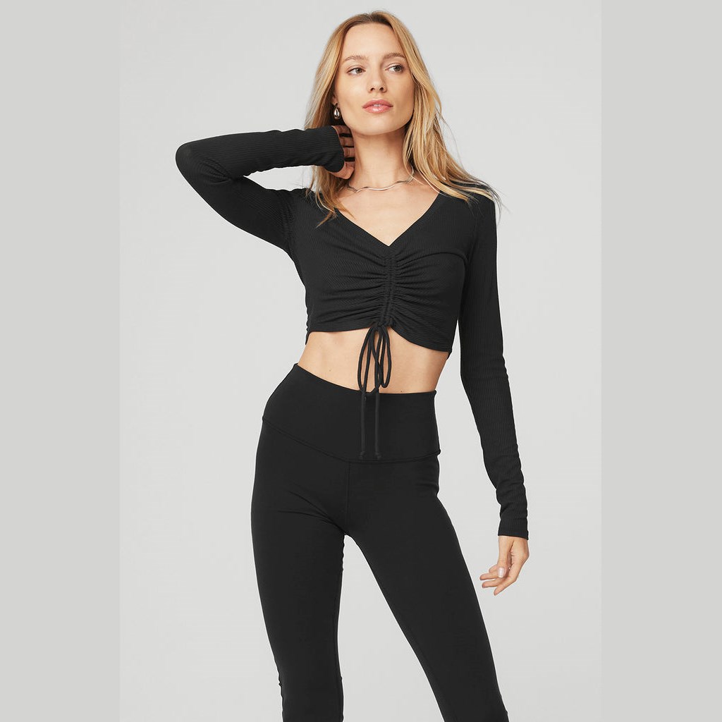 Ropa Alo Yoga Ribbed Cinch Cropped Long Sleeve Mujer Negros | BSIF38456