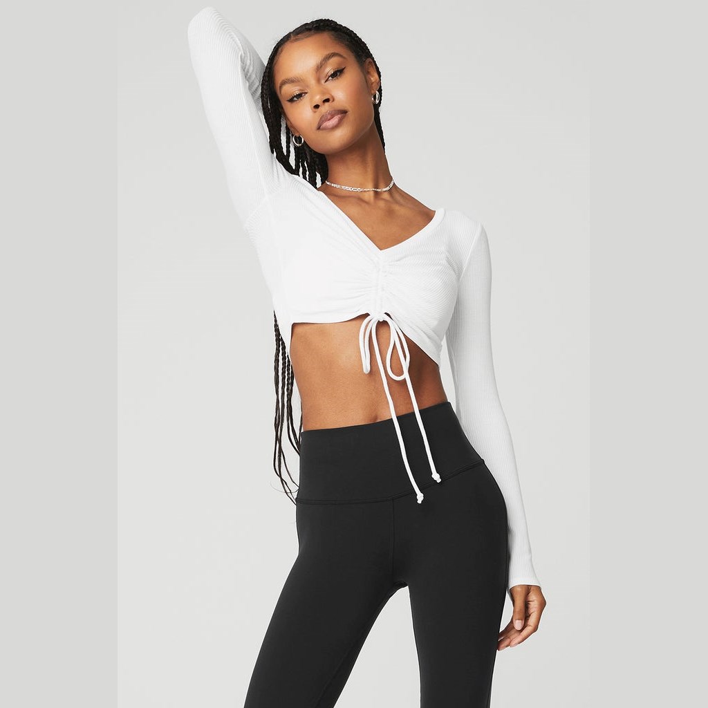 Ropa Alo Yoga Ribbed Cinch Cropped Long Sleeve Mujer Blancos | JRPN24579