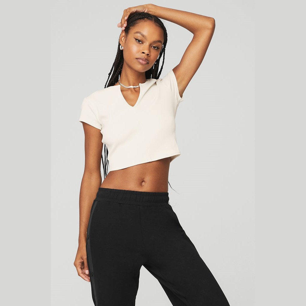 Ropa Alo Yoga Ribbed Cropped Savvy Corta Sleeve Mujer Blancos | JYPM06972