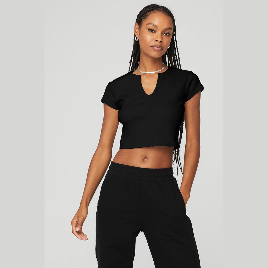Ropa Alo Yoga Ribbed Cropped Savvy Corta Sleeve Mujer Negros | XNVU42638