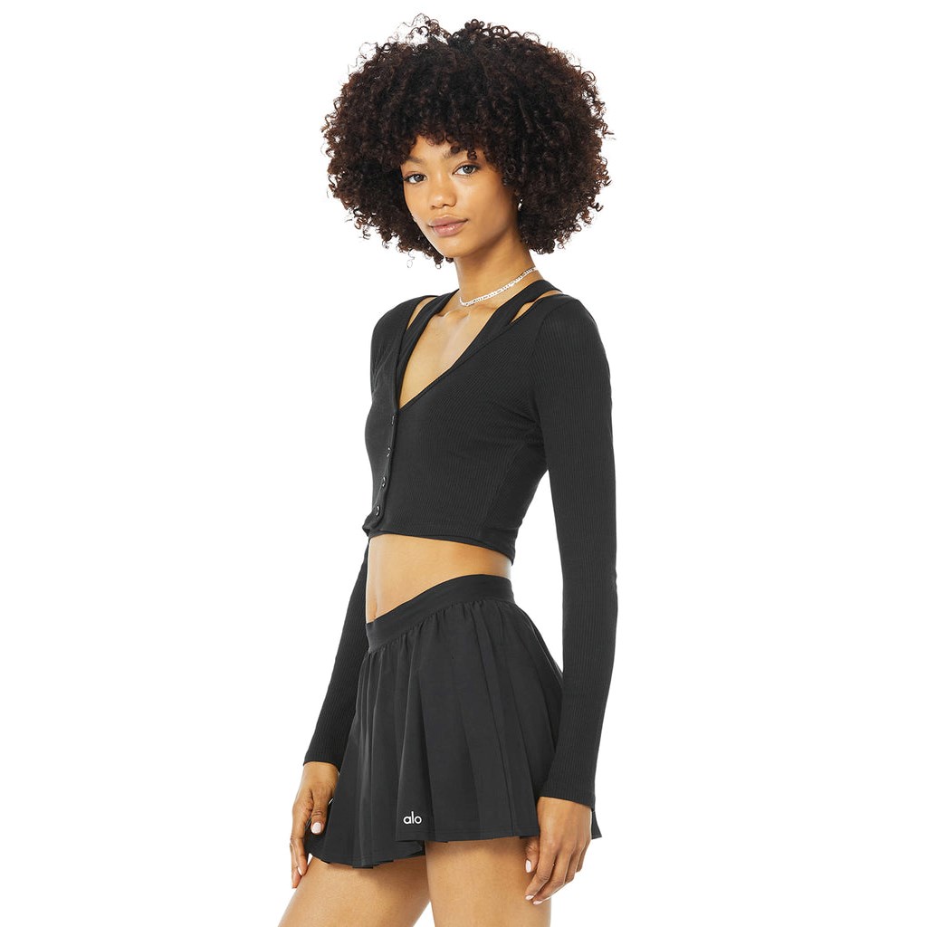 Ropa Alo Yoga Ribbed Cropped Whisper Cardigan Mujer Negros | BHXQ69324