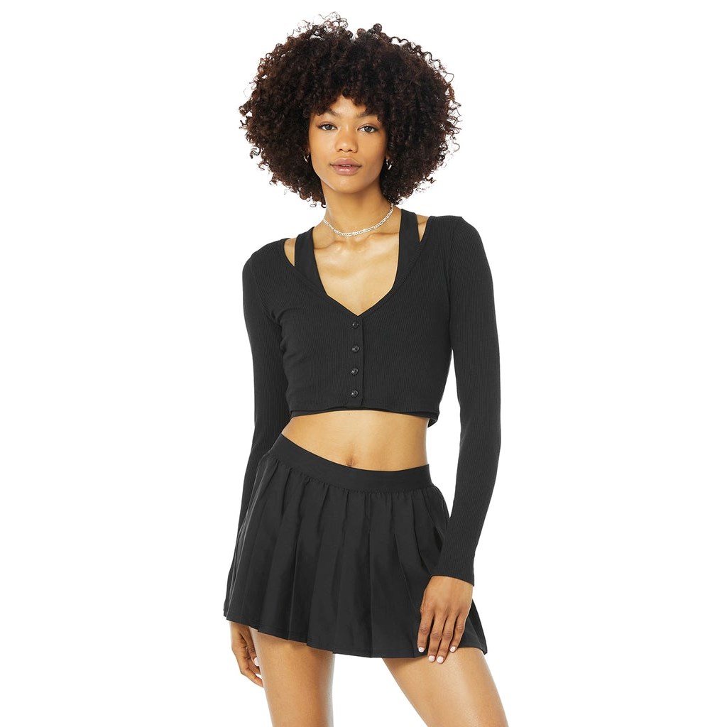 Ropa Alo Yoga Ribbed Cropped Whisper Cardigan Mujer Negros | BHXQ69324