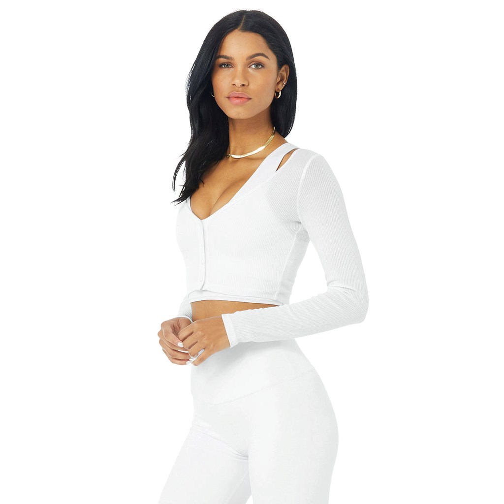 Ropa Alo Yoga Ribbed Cropped Whisper Cardigan Mujer Blancos | WCAK83761