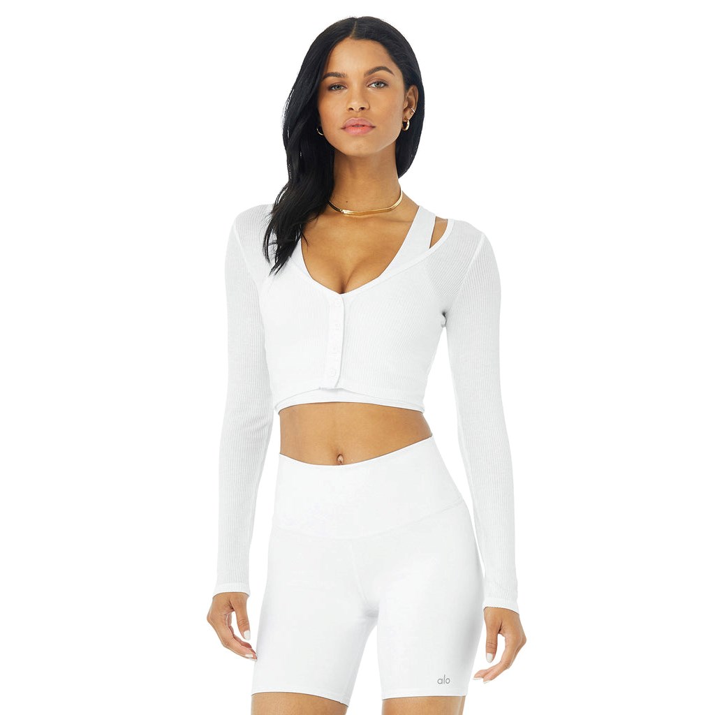 Ropa Alo Yoga Ribbed Cropped Whisper Cardigan Mujer Blancos | WCAK83761