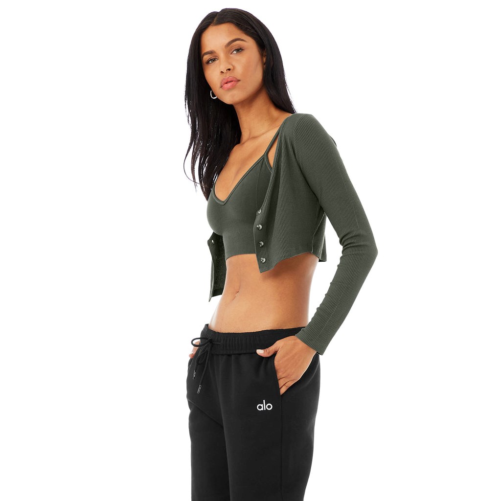 Ropa Alo Yoga Ribbed Cropped Whisper Cardigan Mujer Verdes | WLZQ17429