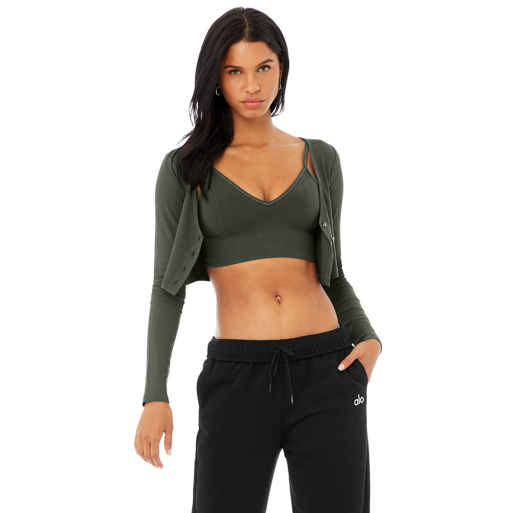 Ropa Alo Yoga Ribbed Cropped Whisper Cardigan Mujer Verdes | WLZQ17429