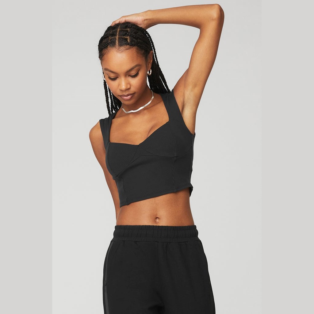 Ropa Alo Yoga Ribbed Sweetheart Corta Sleeve Mujer Negros | ENSL23578