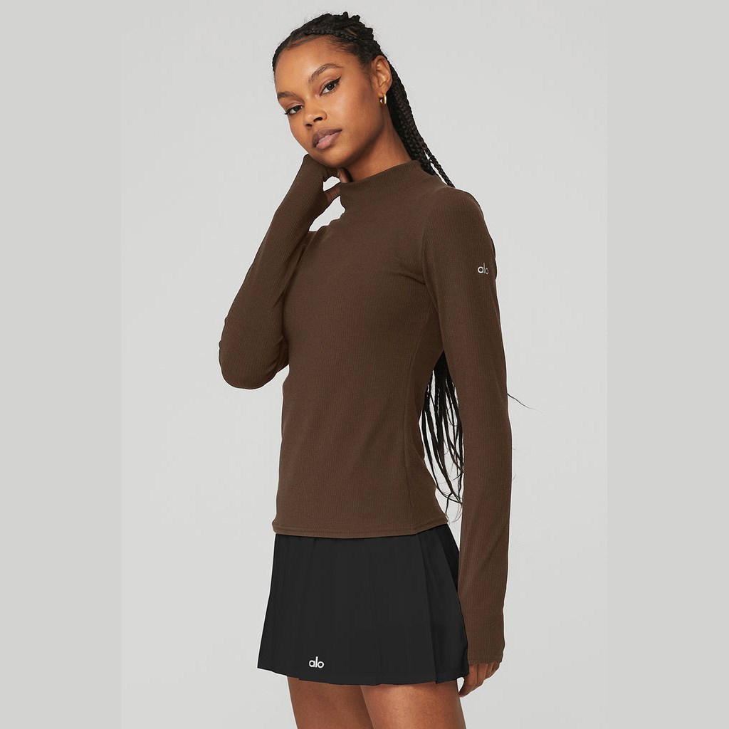 Ropa Alo Yoga Wellness Rib Mock Neck Long Sleeve Mujer Marrom | SFGD12486