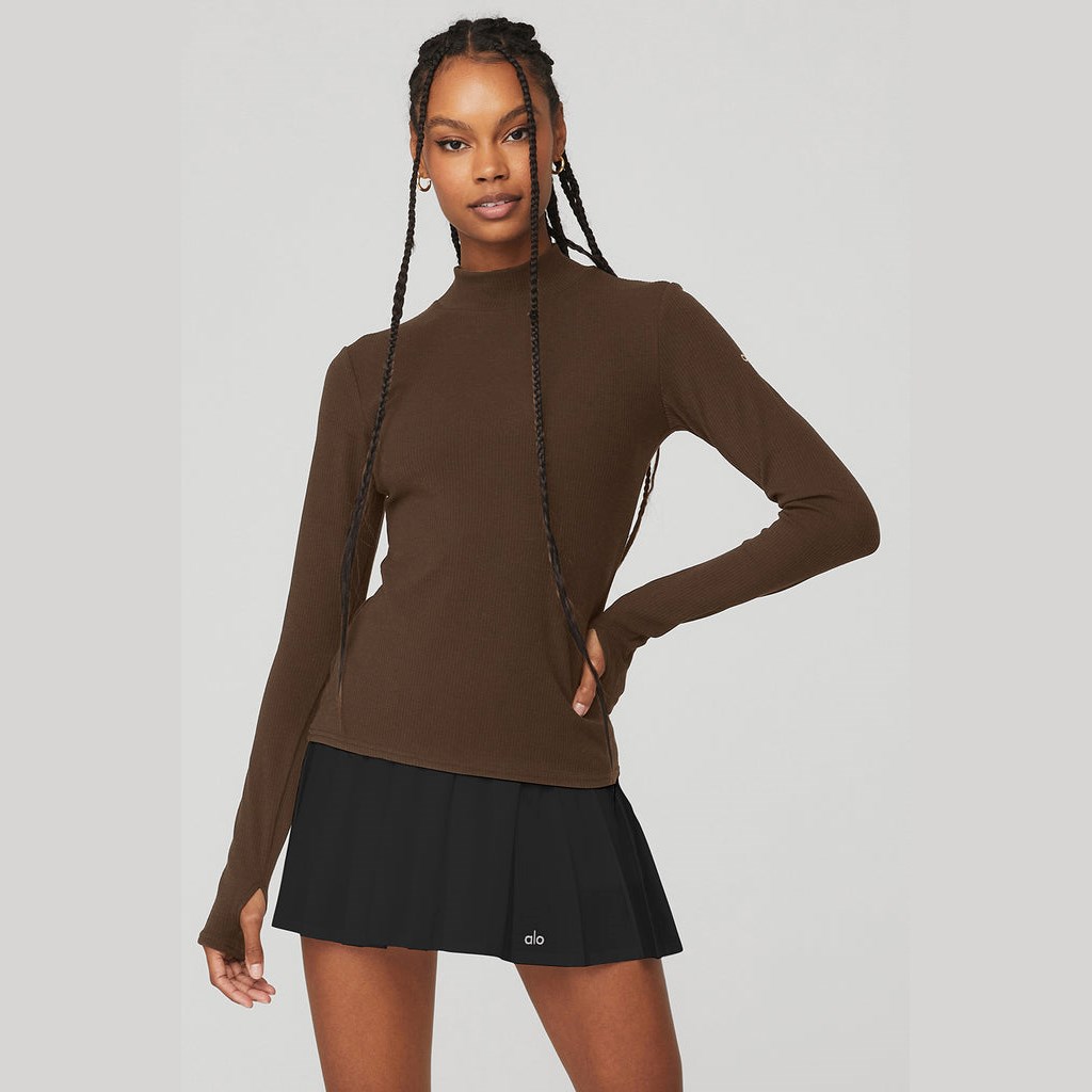 Ropa Alo Yoga Wellness Rib Mock Neck Long Sleeve Mujer Marrom | SFGD12486