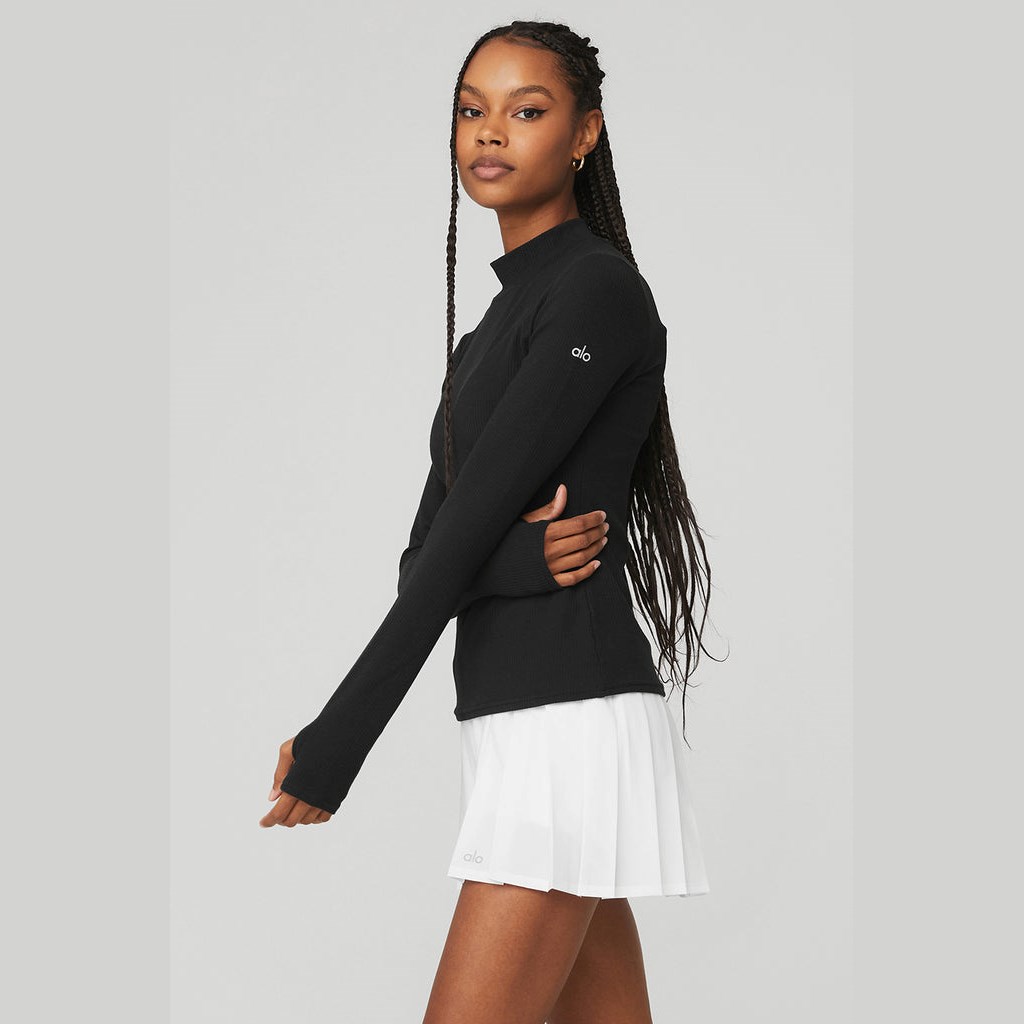 Ropa Alo Yoga Wellness Rib Mock Neck Long Sleeve Mujer Negros | VUXW17059
