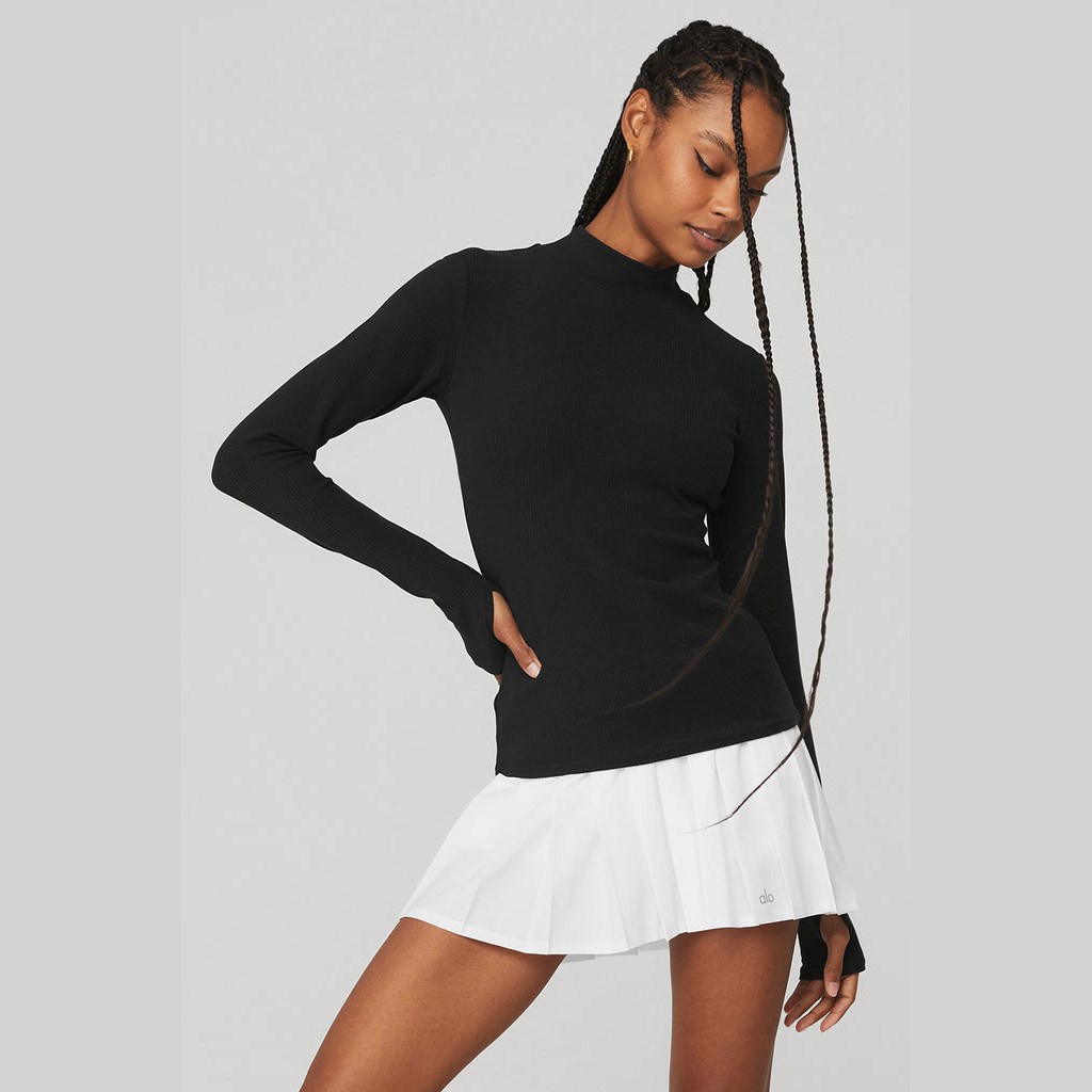 Ropa Alo Yoga Wellness Rib Mock Neck Long Sleeve Mujer Negros | VUXW17059
