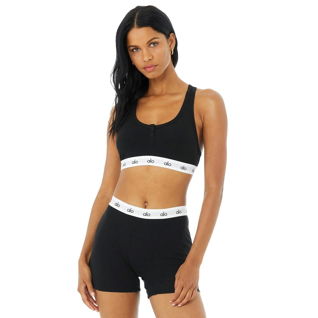 Sujetadores Deportivos Alo Yoga Icon Ribbed Henley Mujer Negros | SKHT97206